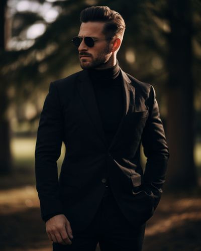 Wool Full Black Suit with Turtleneck